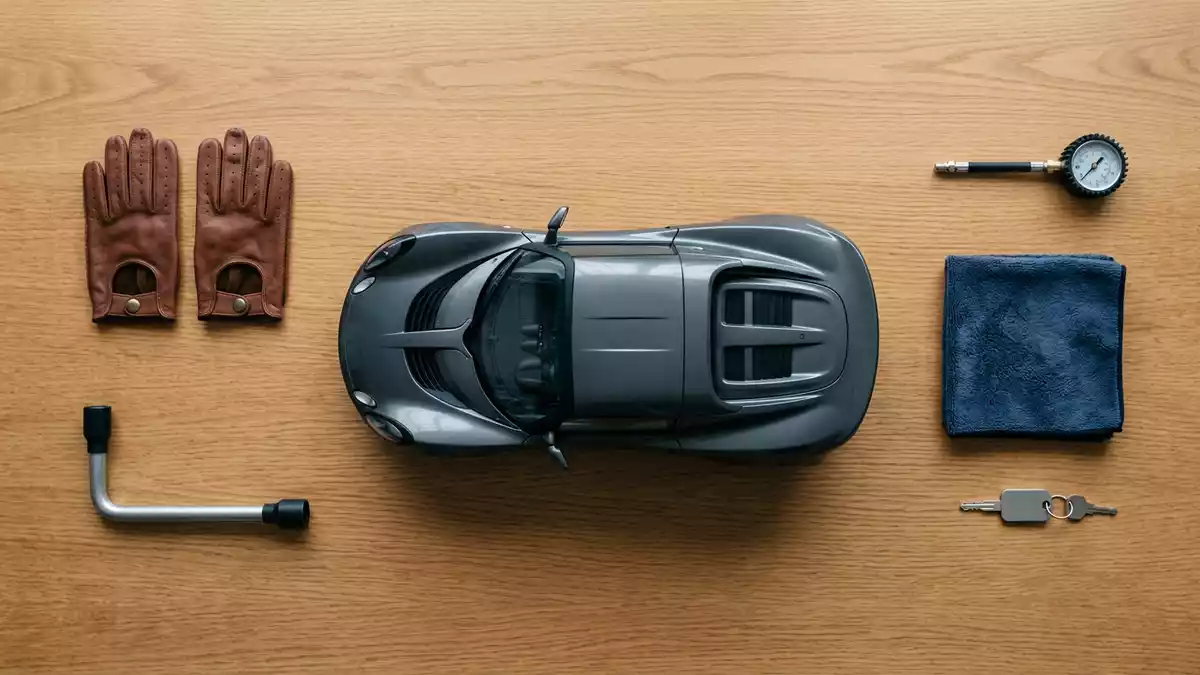 Flatlay-Arrangement rund um Sportcoupé mit passenden Requisiten von oben, neutral