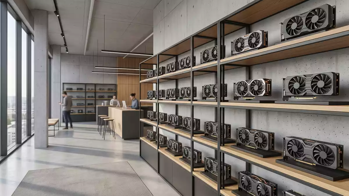 Architektur-Render im Computer-Fachhandel mit Grafikkarte im Ausstellungsbereich