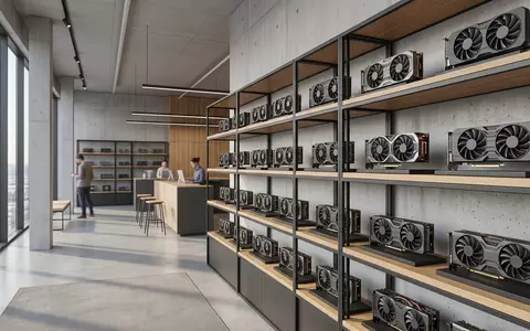 Architektur-Render im Computer-Fachhandel mit Grafikkarte zum Thema GeForce RTX 4070, ISIN US67066G1040, neutrales Tageslicht - Foto: THN