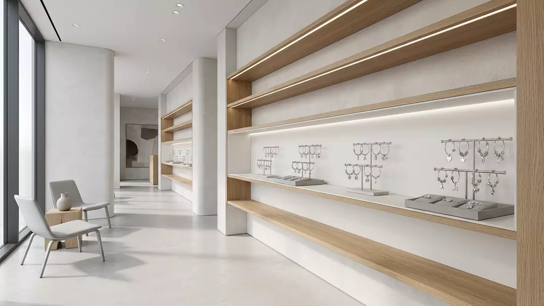 Architektur-Render im Schmuckgeschäft mit Schmuckanhänger im Ausstellungsbereich