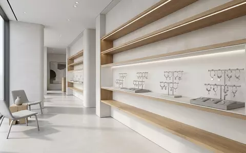 Architektur-Render im Schmuckgeschäft mit Schmuckanhänger zum Thema Pandora Charms, ISIN DK0060252690, neutrales Tageslicht - Foto: THN