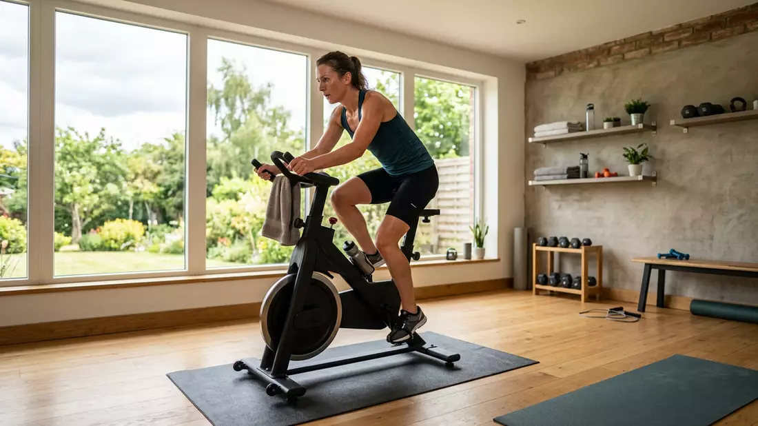Fotorealistische Ansicht von Heimtrainer beim Heimtraining in realer Umgebung, neutral