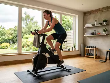 Fotorealistische Aufnahme von Heimtrainer beim Heimtraining zum Thema Peloton Bike, ISIN US7127131005, natuerliches Licht - Foto: THN