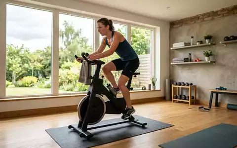 Fotorealistische Aufnahme von Heimtrainer beim Heimtraining zum Thema Peloton Bike, ISIN US7127131005, natuerliches Licht - Foto: THN