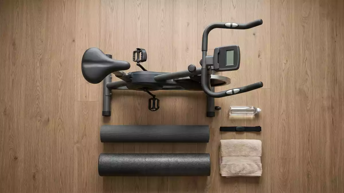 Flatlay-Arrangement rund um Heimtrainer mit passenden Requisiten von oben, neutral