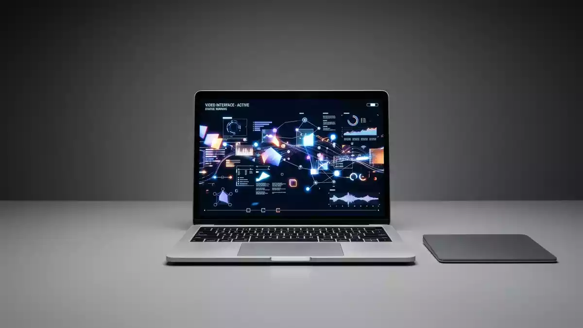Fotorealistische Studioansicht von Streaming-Laptop in neutraler Produktdarstellung
