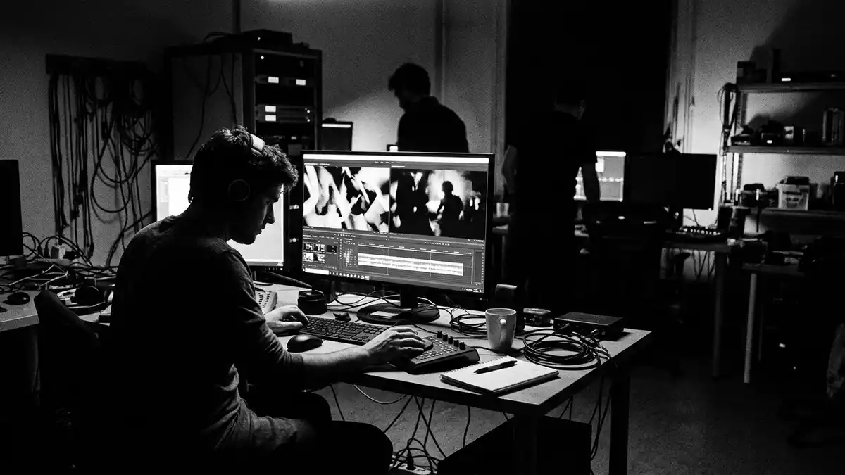 Schwarzweiss-Reportagebild mit Streaming-Laptop in dokumentarischer Arbeitsumgebung