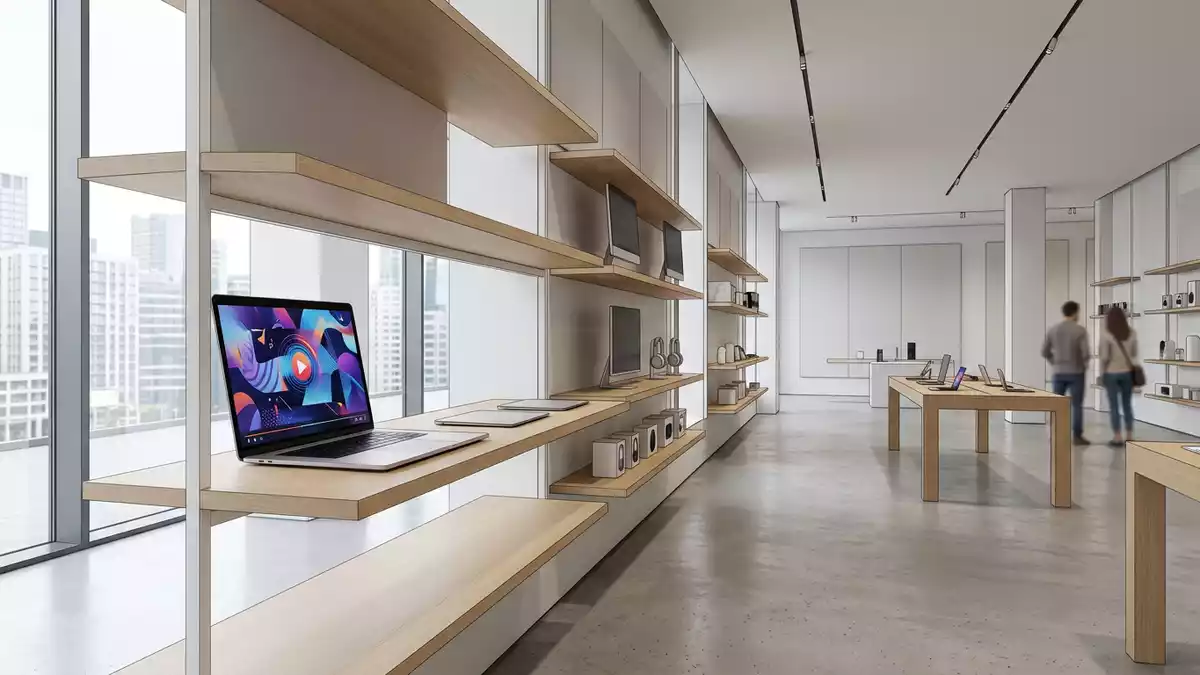 Architektur-Render im Elektronik-Fachmarkt mit Streaming-Laptop im Ausstellungsbereich