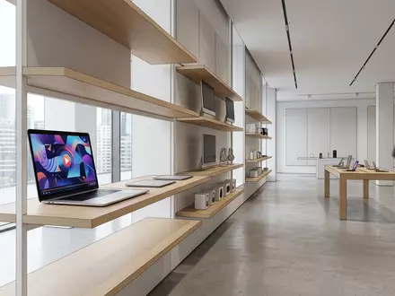 Architektur-Render im Elektronik-Fachmarkt mit Streaming-Laptop zum Thema Paramount+, ISIN US92556H2067, neutrales Tageslicht - Foto: THN