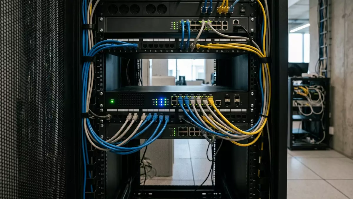 Fotorealistische Ansicht von Netzwerk-Sicherheitsgerät im Büro in realer Umgebung