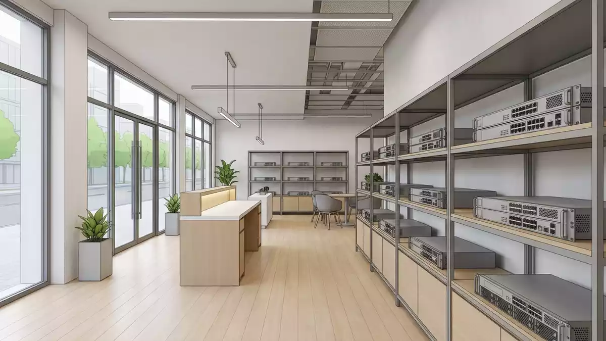 Architektur-Render im IT-Fachhandel mit Netzwerk-Sicherheitsgerät im Ausstellungsbereich
