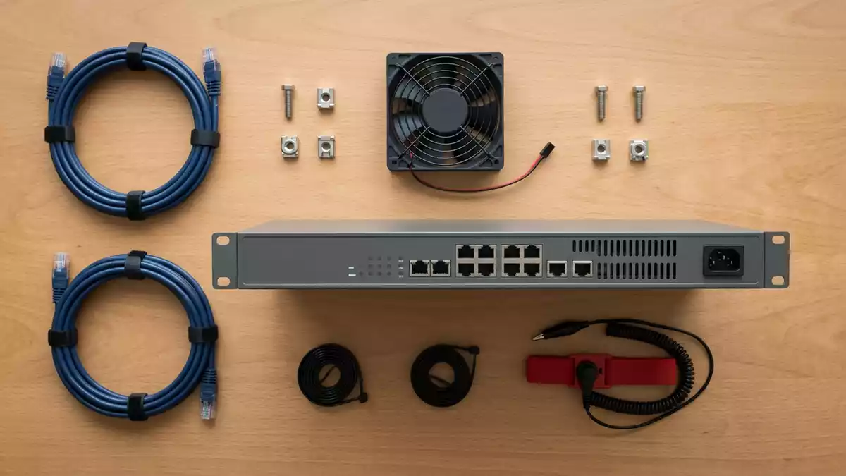 Flatlay-Arrangement rund um Netzwerk-Sicherheitsgerät mit passenden Requisiten