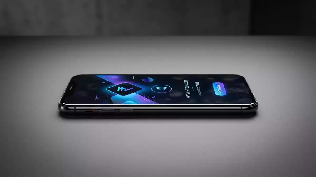Fotorealistische Studioansicht von Zahlungs-Smartphone in neutraler Produktdarstellung
