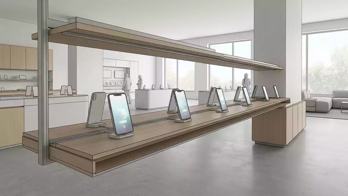 Architektur-Render im Elektronik-Fachmarkt mit Zahlungs-Smartphone im Ausstellungsbereich