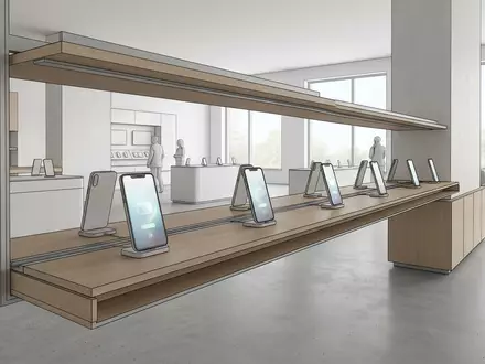 Architektur-Render im Elektronik-Fachmarkt mit Zahlungs-Smartphone zum Thema PayPal App, ISIN US70450Y1038, neutrales Tageslicht - Foto: THN