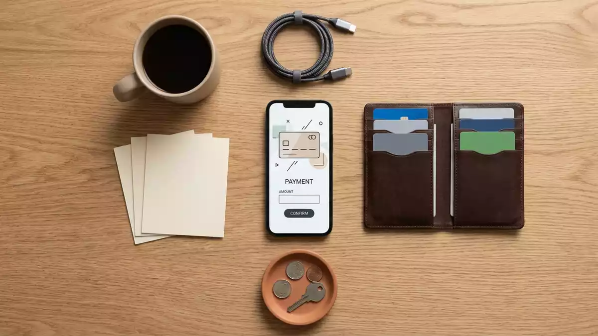 Flatlay-Arrangement rund um Zahlungs-Smartphone mit passenden Requisiten von oben