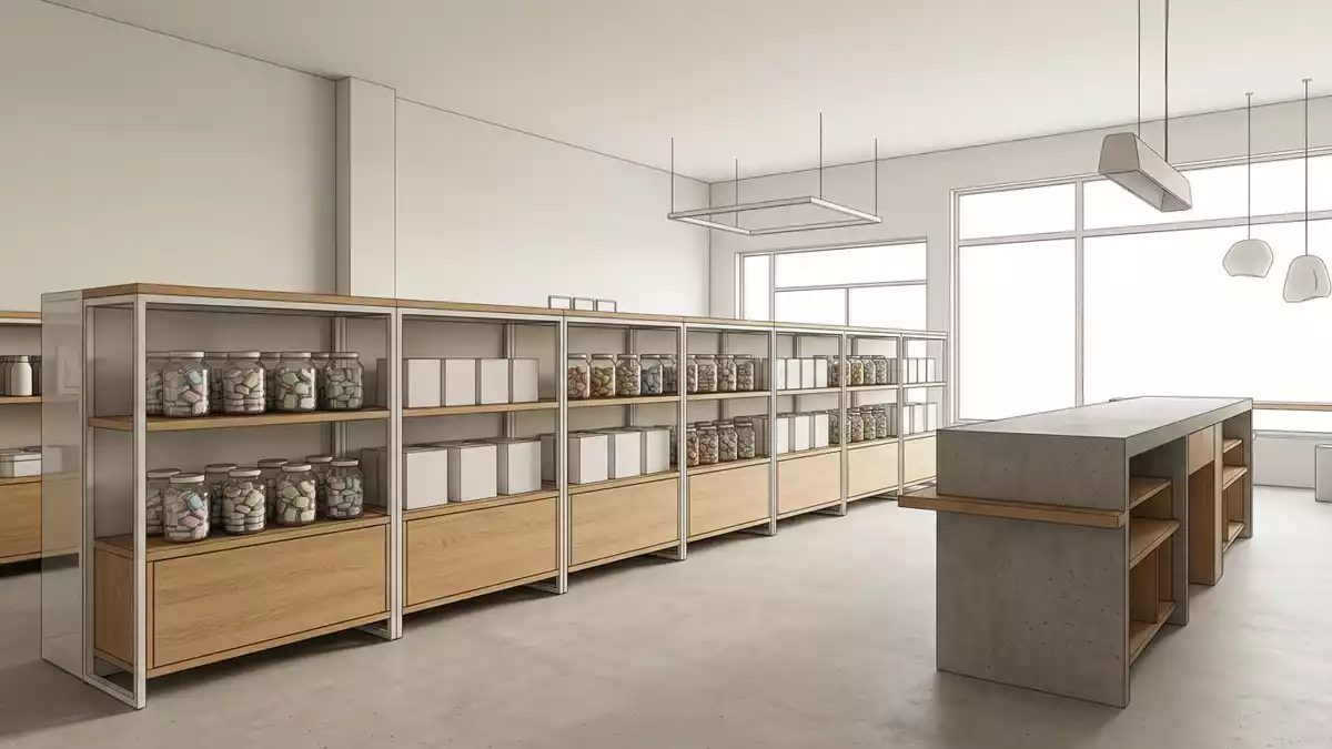 Architektur-Render im Drogeriefachhandel mit Geschirrspültabs im Ausstellungsbereich