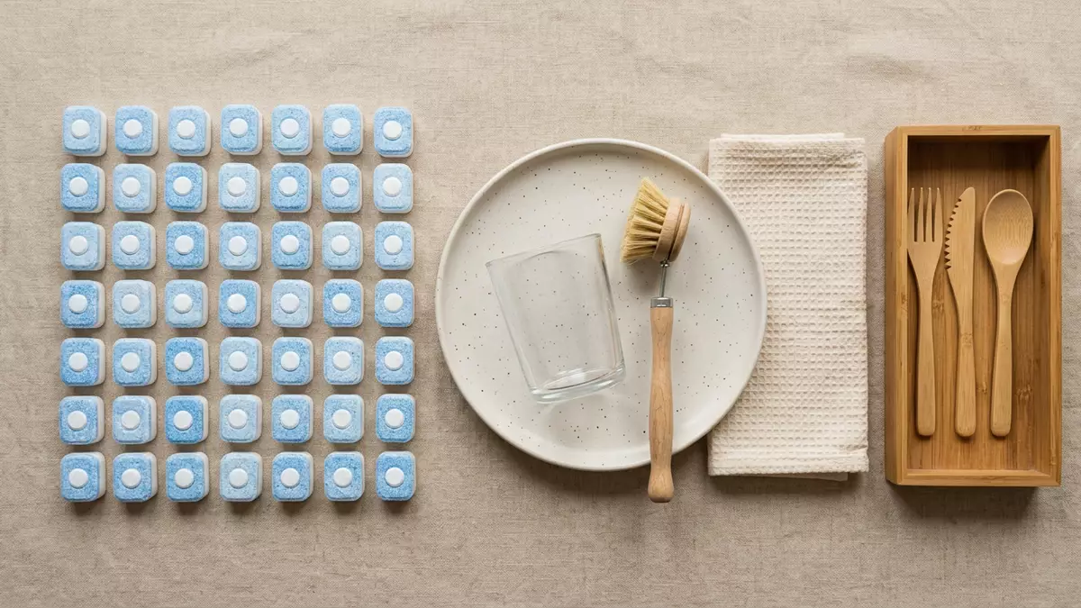 Flatlay-Arrangement rund um Geschirrspültabs mit passenden Requisiten von oben