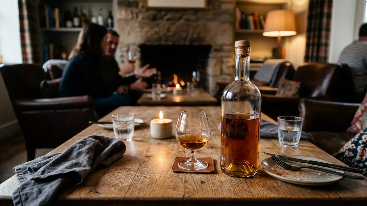Fotorealistische Ansicht von Weinbrand beim Abendessen in realer Umgebung, neutral