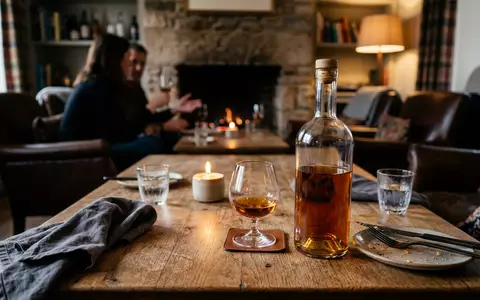 Fotorealistische Aufnahme von Weinbrand beim Abendessen zum Thema Rémy Martin Cognac, ISIN FR0000130395, natuerliches Licht - Foto: THN