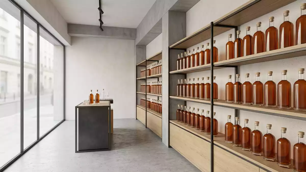 Architektur-Render im Spirituosenfachhandel mit Weinbrand im Ausstellungsbereich