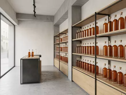 Architektur-Render im Spirituosenfachhandel mit Weinbrand zum Thema Rémy Martin Cognac, ISIN FR0000130395, neutrales Tageslicht - Foto: THN