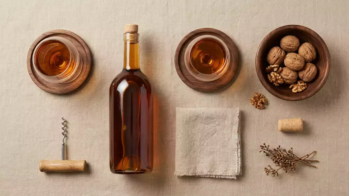 Flatlay-Arrangement rund um Weinbrand mit passenden Requisiten von oben, neutral