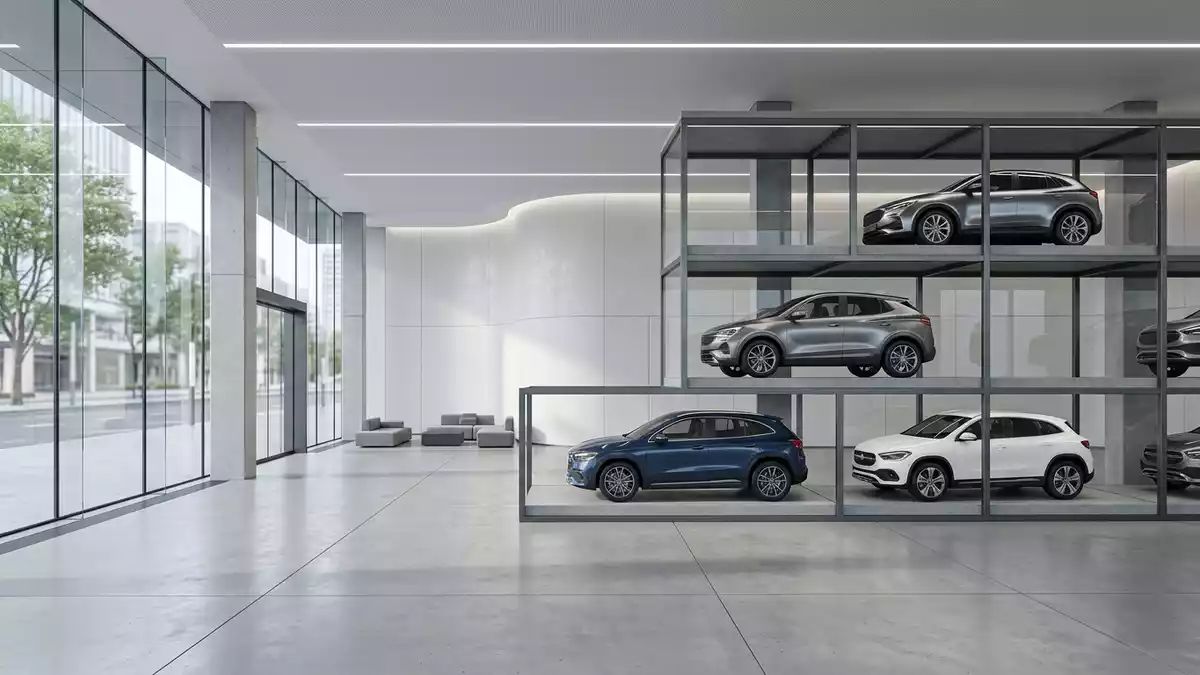 Architektur-Render im Autohaus mit Kompakt-SUV im Ausstellungsbereich, neutral