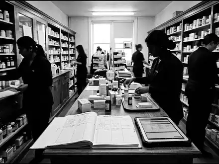 Schwarzweiss-Reportage mit Gesundheitsdokumente zum Thema Shop Apotheke, ISIN NL0012044747, hoher Kontrast, sachlich dargestellt - Foto: THN