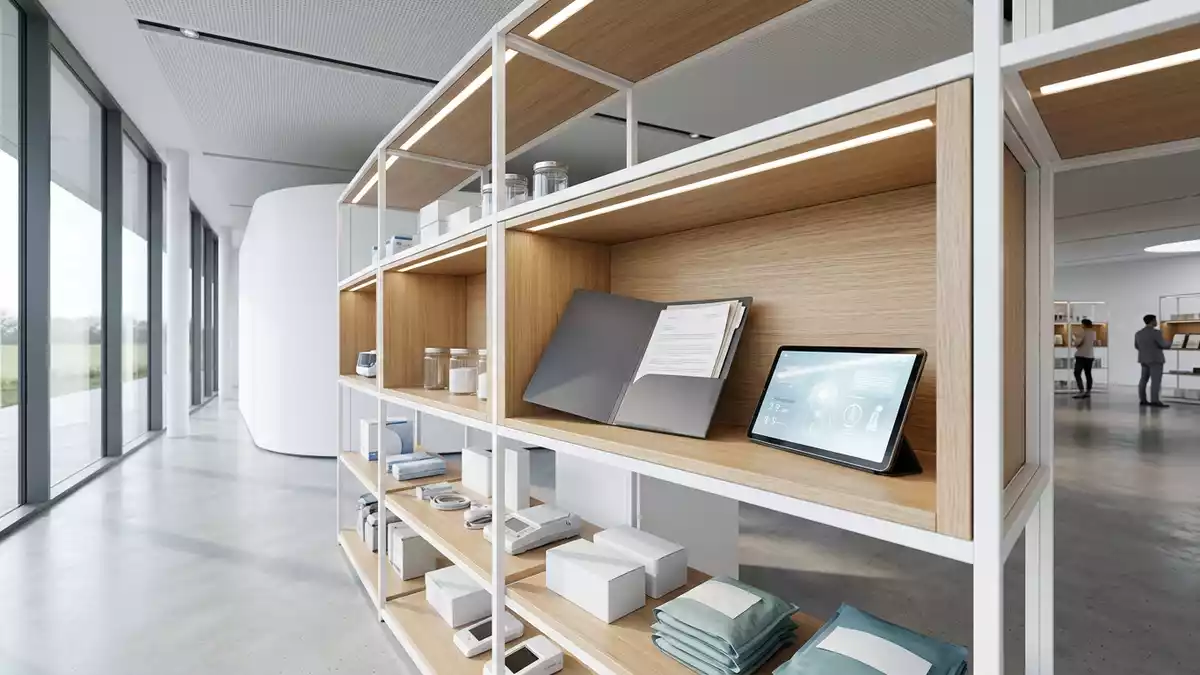 Architektur-Render im Apothekenfachhandel mit Gesundheitsdokumente im Ausstellungsbereich