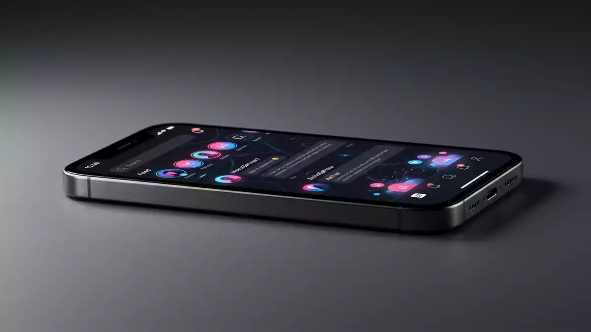 Fotorealistische Studioansicht von Soziale Netzwerk-App in neutraler Produktdarstellung