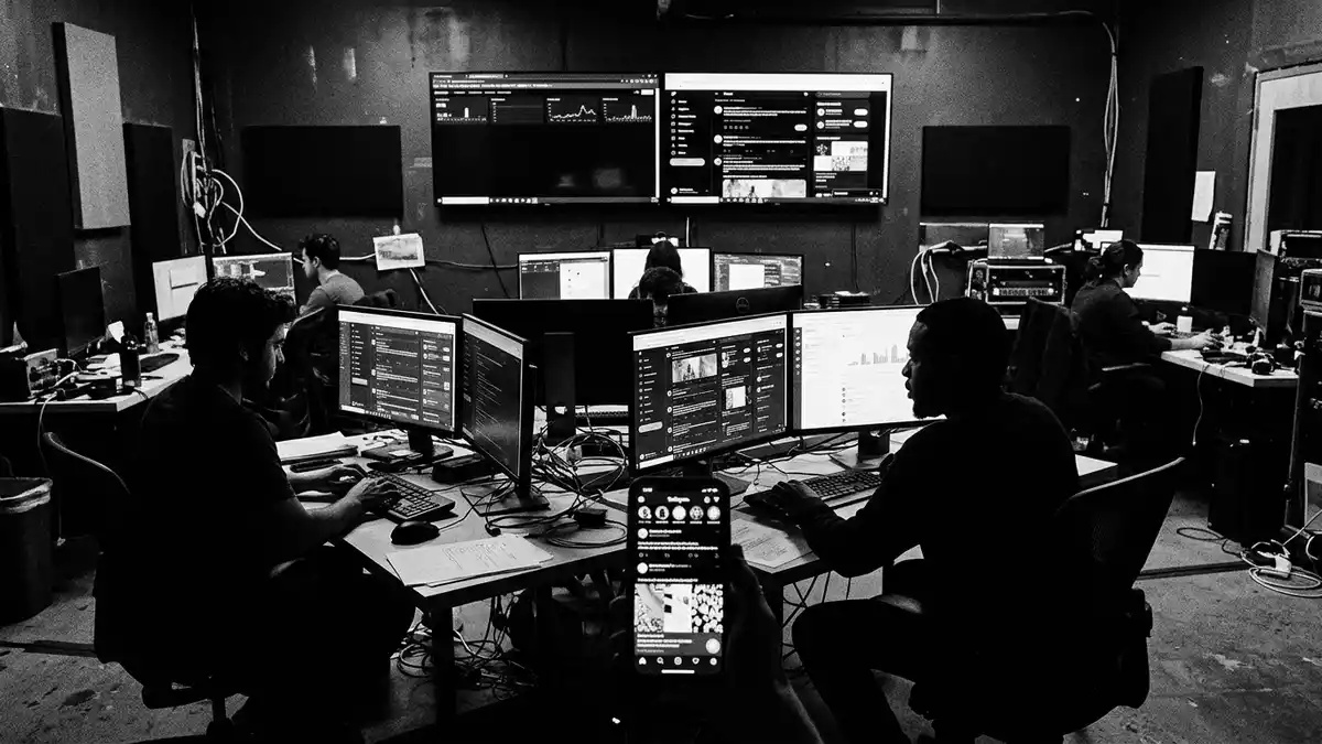 Schwarzweiss-Reportagebild mit Soziale Netzwerk-App in dokumentarischer Arbeitsumgebung