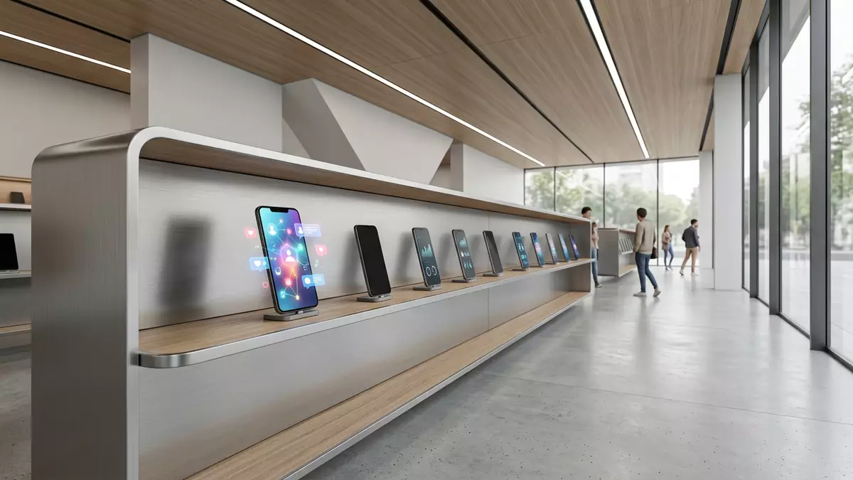Architektur-Render im Elektronik-Fachmarkt mit Soziale Netzwerk-App im Ausstellungsbereich