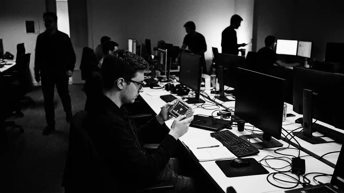 Schwarzweiss-Reportagebild mit Handheld-Konsole in dokumentarischer Arbeitsumgebung