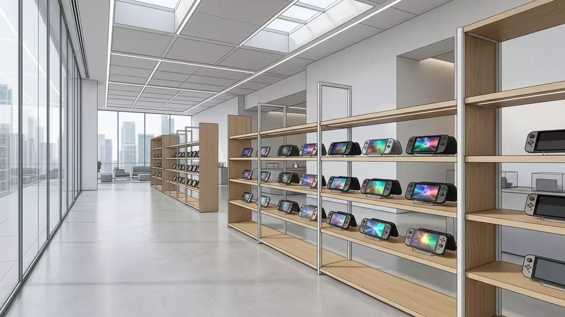 Architektur-Render im Elektronik-Fachmarkt mit Handheld-Konsole im Ausstellungsbereich
