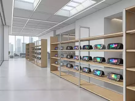 Architektur-Render im Elektronik-Fachmarkt mit Handheld-Konsole zum Thema Nintendo Switch OLED, ISIN JP3756600007, neutrales Tageslicht - Foto: THN