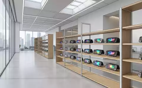 Architektur-Render im Elektronik-Fachmarkt mit Handheld-Konsole zum Thema Nintendo Switch OLED, ISIN JP3756600007, neutrales Tageslicht - Foto: THN