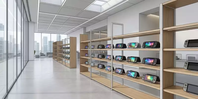 Architektur-Render im Elektronik-Fachmarkt mit Handheld-Konsole zum Thema Nintendo Switch OLED, ISIN JP3756600007, neutrales Tageslicht - Foto: THN