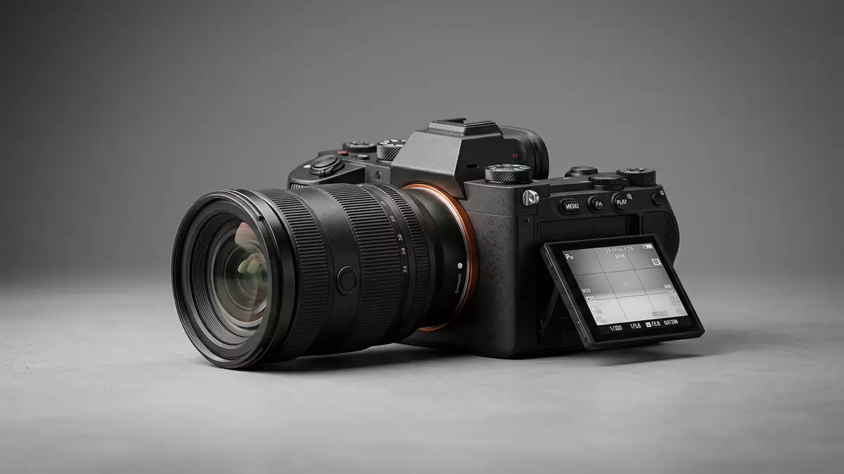 Fotorealistische Studioansicht von Systemkamera in neutraler Produktdarstellung