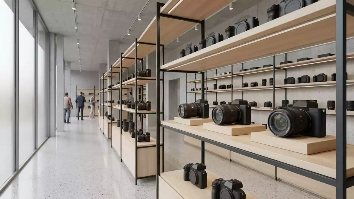 Architektur-Render im Foto-Fachhandel mit Systemkamera im Ausstellungsbereich, neutral