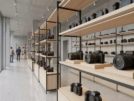 Architektur-Render im Foto-Fachhandel mit Systemkamera zum Thema Nikon Z6 II, ISIN JP3657400002, neutrales Tageslicht - Foto: THN