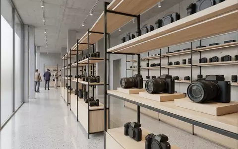 Architektur-Render im Foto-Fachhandel mit Systemkamera zum Thema Nikon Z6 II, ISIN JP3657400002, neutrales Tageslicht - Foto: THN