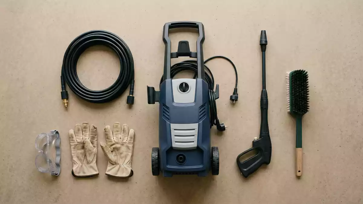 Flatlay-Arrangement rund um Hochdruckreiniger mit passenden Requisiten von oben