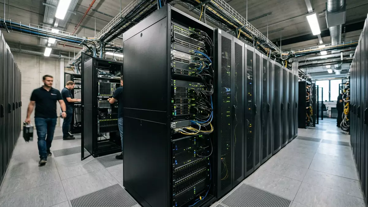 Fotorealistische Ansicht von Serveranlage im Rechenzentrum in realer Umgebung, neutral