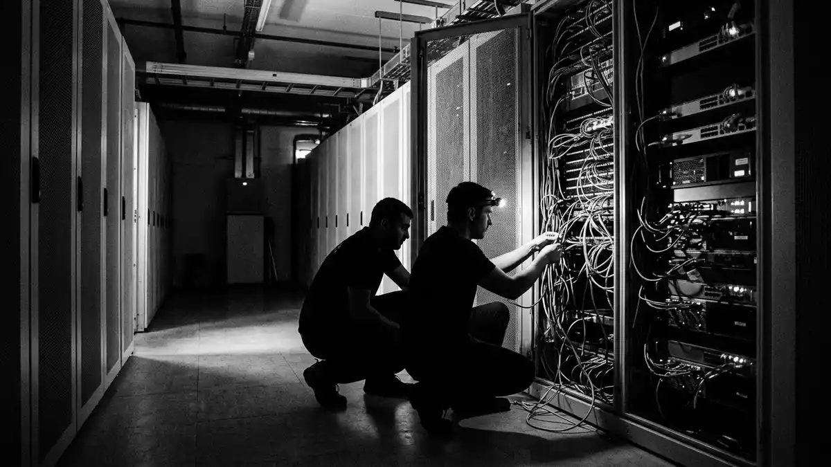 Schwarzweiss-Reportagebild mit Serveranlage in dokumentarischer Arbeitsumgebung