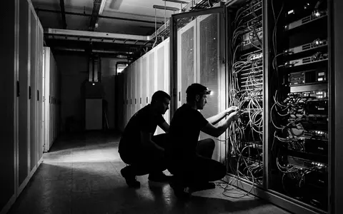 Schwarzweiss-Reportage mit Serveranlage zum Thema NTT Data Services, ISIN JP3735400008, hoher Kontrast - Foto: THN