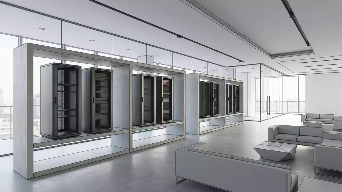 Architektur-Render im IT-Fachhandel mit Serveranlage im Ausstellungsbereich, neutral
