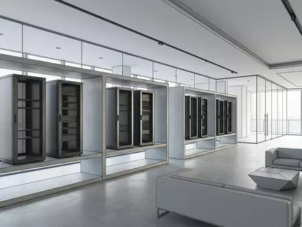 Architektur-Render im IT-Fachhandel mit Serveranlage zum Thema NTT Data Services, ISIN JP3735400008, neutrales Tageslicht - Foto: THN