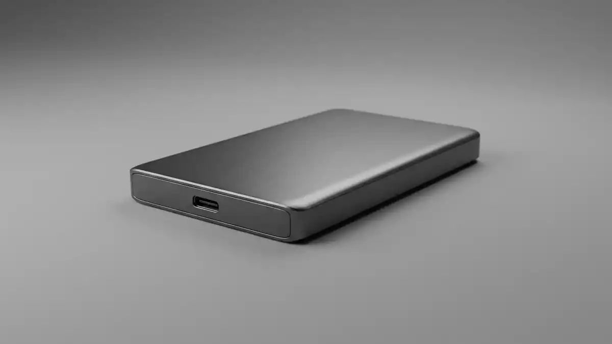 Fotorealistische Studioansicht von Externe SSD in neutraler Produktdarstellung