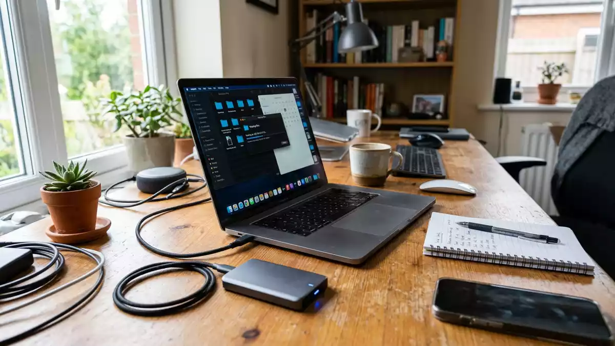 Fotorealistische Ansicht von Externe SSD im Homeoffice in realer Umgebung, neutral